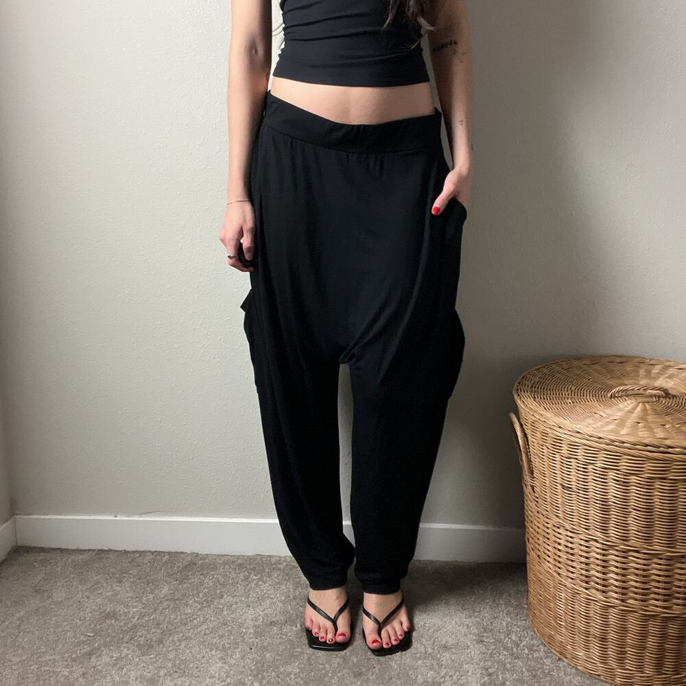 eileen fisher black minimalist low rise boho harem relaxed dropcrotch pants